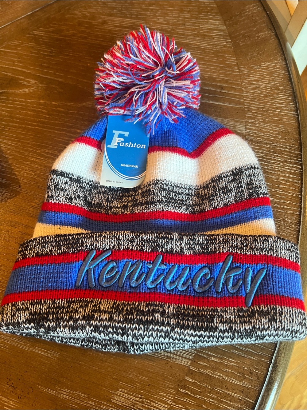 Kentucky Crochet Red, Gray And Blue Striped Pom Pom Hat Soft Adult Size New!!